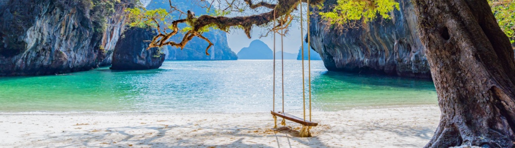 A beach with a swing hanging from a tree in Laos.