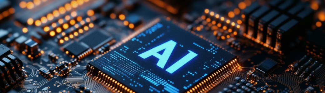 AI logo on a computer chip illuminated by blue light